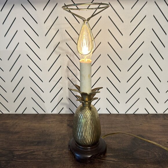 Vintage Brass Pineapple Lamp Wood Base Tropical Decor 10” Table Light - No Shade - Picture 1 of 14